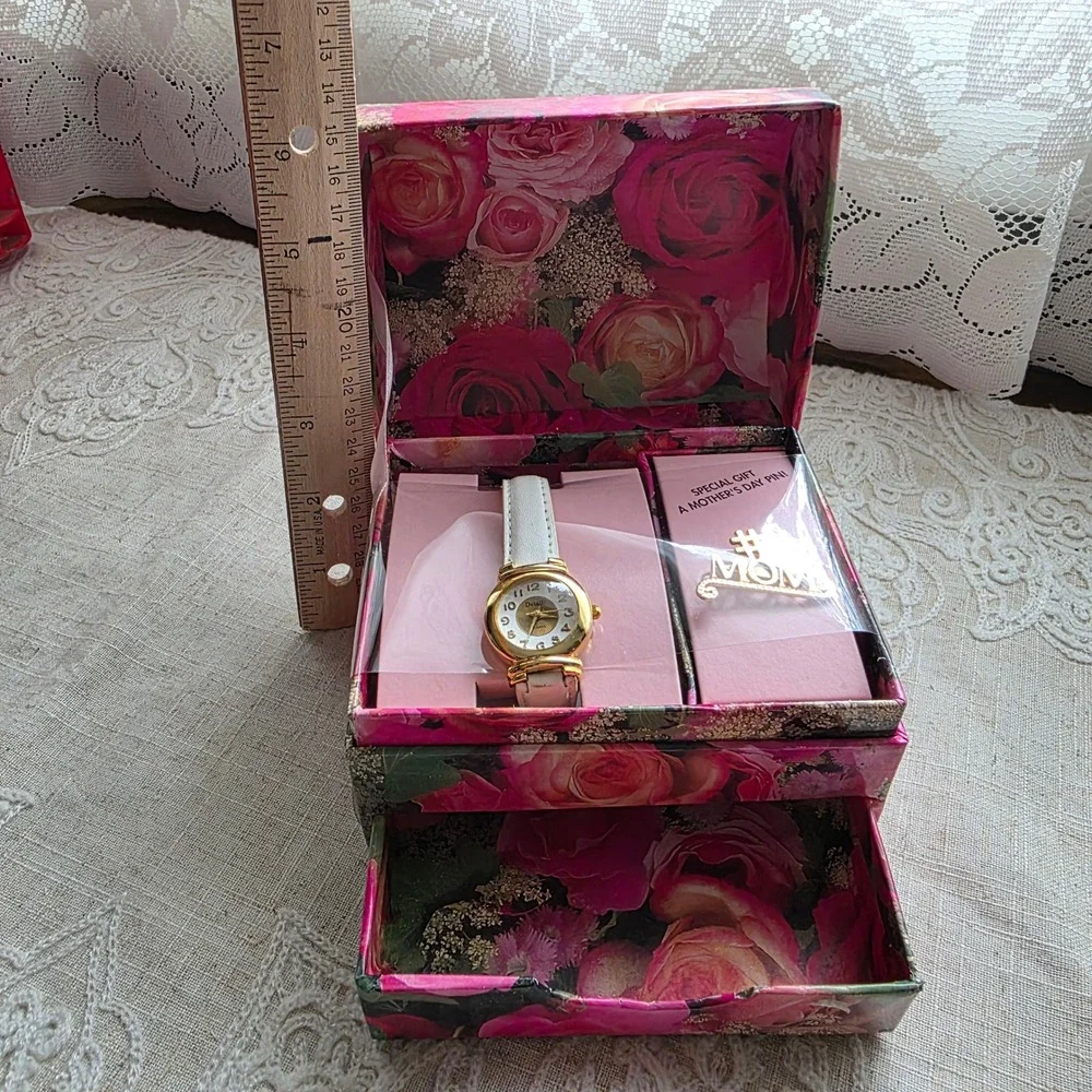 Details Watch Gift Set Silver Gold Tone Mother's Day Pin Floral Jewelry Box